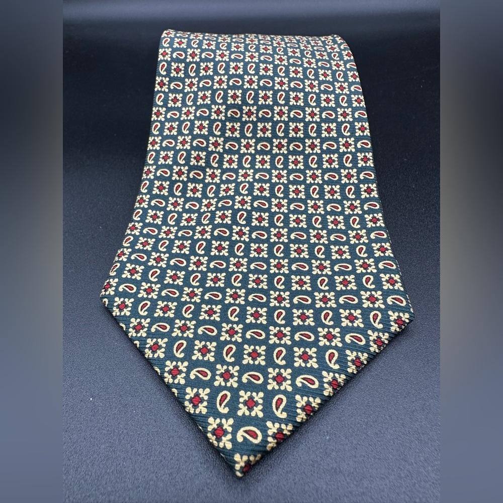 Coach Silk Tie – Forest Green, Red & Cream Paisley & Quatrefoil, Handmade-EUC